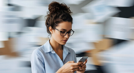 Focused young businesswoman using smartphone checking emails modern office multitasking efficient communication technology