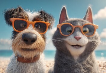 Fototapeta premium Cute dog and cat wearing sunglasses on the beach, colorful summer illustration with blue sky, detailed artwork, and happy holiday vibe