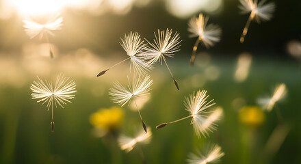 Obraz premium Dandelion seeds floating in golden sunlight, evoking feelings of freedom and natural beauty, perfect for nature-themed projects