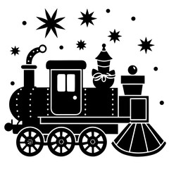 Festive Christmas Train Vector Illustration with Stars and Holiday Elements Black and White Design