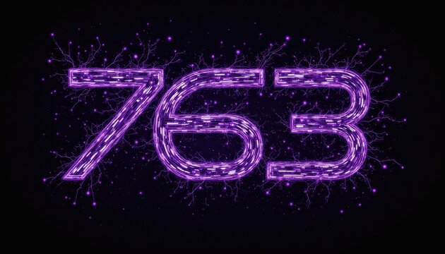 Illuminated number 763, a vibrant purple glow on dark background purple - Powered by Adobe