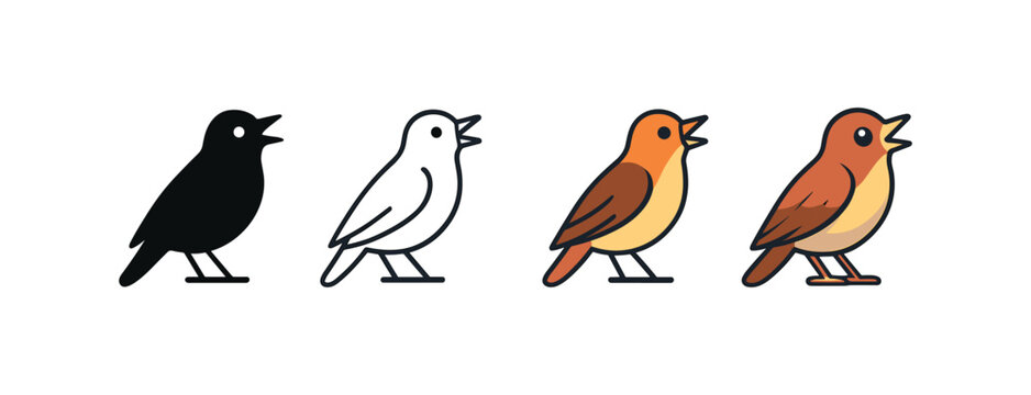 Vector icon nightingale bird same pose same proportions four styles black solid glyph outline minimal flat multicolor filled cartoon flat shaded.