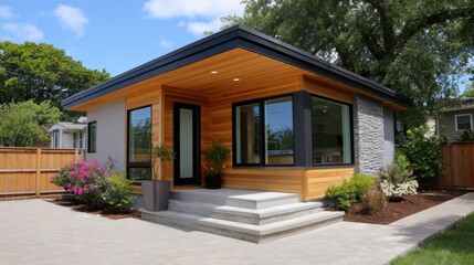 Fototapeta premium Modern house with wooden accents and landscaped surroundings.