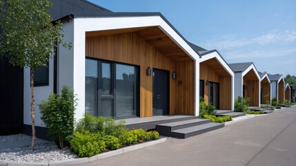 Modern buildings with wooden accents along a paved pathway.