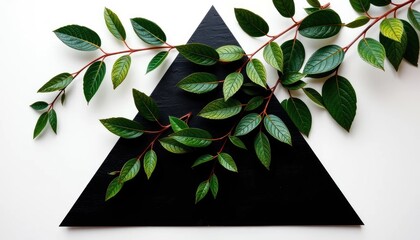 Green Leaves on Black Triangular Background Minimalist Design