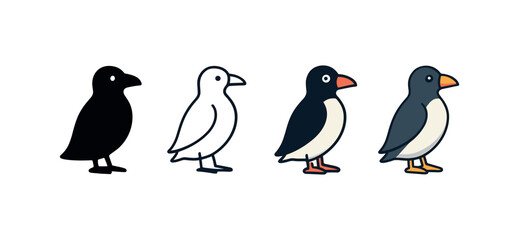 Vector icon auk bird same pose same proportions four styles black solid glyph outline minimal flat multicolor filled cartoon flat shaded.