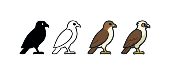 Fototapeta premium Vector icon osprey bird same pose same proportions four styles black solid glyph outline minimal flat multicolor filled cartoon flat shaded.