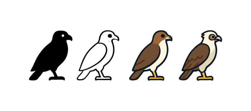 Vector icon osprey bird same pose same proportions four styles black solid glyph outline minimal flat multicolor filled cartoon flat shaded.