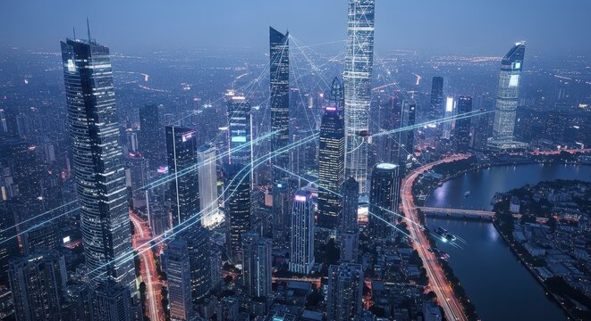 Smart City Network: Modern Metropolis with Data Lines at Dusk