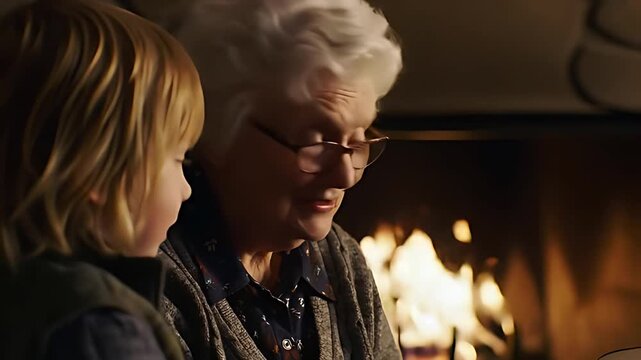 Warm fireplace glow illuminates a grandparent and grandchild reminiscing over an old photo album, sharing cherished stories and precious memories together.