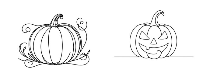 Set of illustrations featuring pumpkin and pumpkin lantern in linear drawing style  