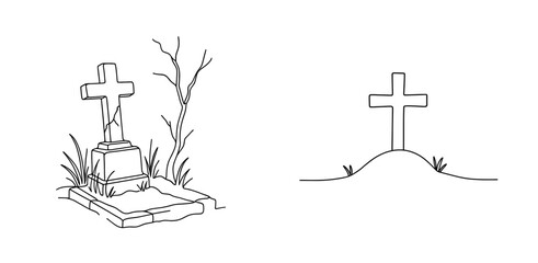 Fototapeta premium Set of illustrations featuring a grave cross and an abandoned grave in linear drawing style 