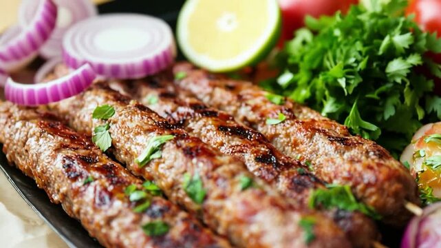 Delicious lula kebabs are grilled and served with fresh herbs and vegetables