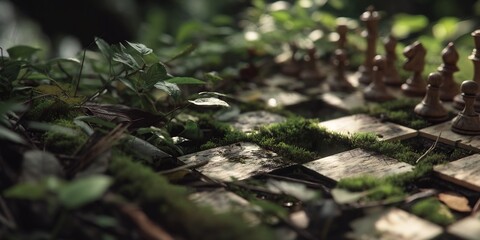 Fototapeta premium Chess game in nature photography chessboard with moss and greenery outdoor strategy board game concept