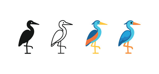 Vector icon heron bird same pose same proportions four styles black solid glyph outline minimal flat multicolor filled cartoon flat shaded.