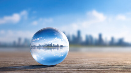Crystal ball cityscape reflection future vision urban skyline glass wooden surface blue sky concept of prediction hope