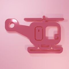 Pink Rescue helicopter aircraft vehicle icon isolated on pink background. Minimalism concept. 3D render illustration