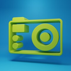 Green Photo camera icon isolated on blue background. Foto camera. Digital photography. Minimalism concept. 3D render illustration