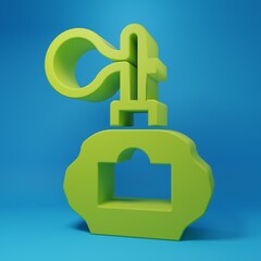 Obraz premium Green Aftershave bottle with atomizer icon isolated on blue background. Cologne spray icon. Male perfume bottle. Minimalism concept. 3D render illustration