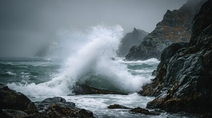 Crashing ocean wave spray bursts against mossy cliffs beneath a muted gray sky.