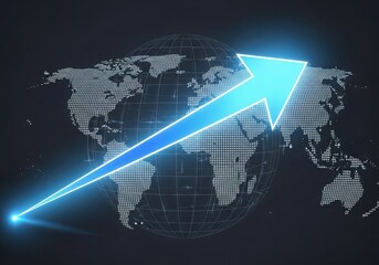 Glowing blue arrow pointing upwards over a digital world map, symbolizing growth and success