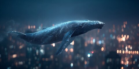 Whale flying over cityscape fantasy art digital painting surreal ocean dreamlike cityscape background