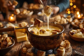 Fondue pot with creamy melted cheese and golden bread cubes shared by cheerful friends.