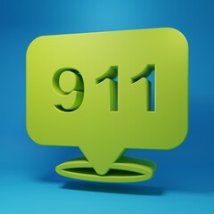 Green Telephone with emergency call 911 icon isolated on blue background. Police, ambulance, fire department, call, phone. Minimalism concept. 3D render illustration