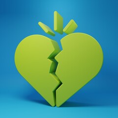 Green Broken heart or divorce icon isolated on blue background. Love symbol. Valentines day. Minimalism concept. 3D render illustration