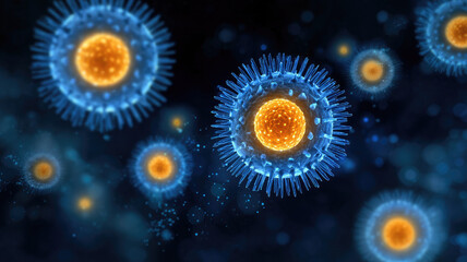 Obraz premium Blue virus particle spiky outer shell glowing orange core floating dark background microscopic view scientific futuristic infectious digital art vibrant detailed