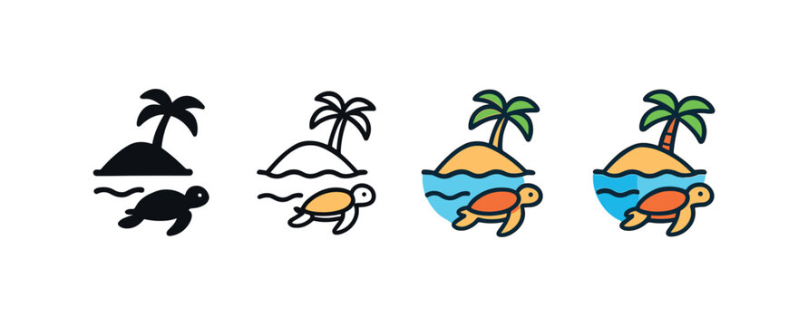 Vector icon island with sea turtles same pose same proportions four styles black solid glyph outline minimal flat multicolor filled cartoon flat shaded.