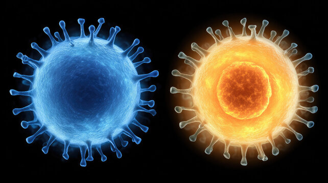 Blue virus cell orange virus cell glowing spherical microscopic science biology medical infection pathogen digital vibrant detailed isolated black background futuristic health danger disease