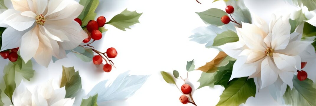 Decorative Christmas pattern featuring seasonal red florals and green foliage on bright white.