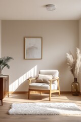 Cozy Living Room Interior with Vertical Frame on Neutral Wall