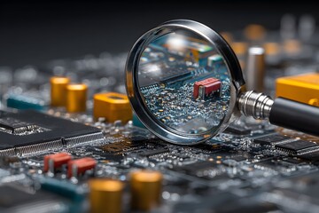 inspection of a technician examining circuit boards with magnifying glass sharp lighting high resolution.