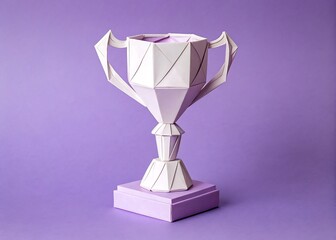 origami trophy standing upright on pastel purple background