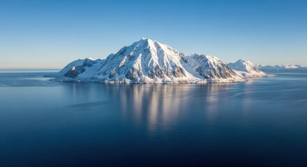 Snowy Mountain Range Reflected in Calm Sea - Scenic Landscape