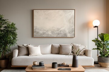 Modern Living Room with Large Framed Wall Art Above Neutral Sofa