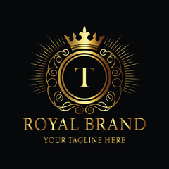 Elegant Gold Royal Brand Logo with Crown and Letter T