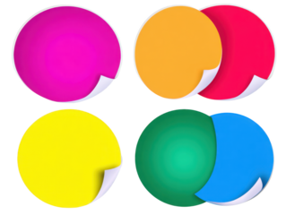 Four Colorful Round Stickers with Curled Corners circle isolated on a transparent background