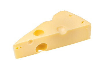 Piece of cheese isolated on white background. Hard cheese with holes. Dairy products.