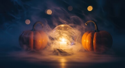 glowing crystal ball with swirling mist, reflection of pumpkin nearby, mystical ambiance

