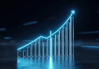 Glowing neon bar graph with an upward trending line on a dark background, symbolizing financial growth and success