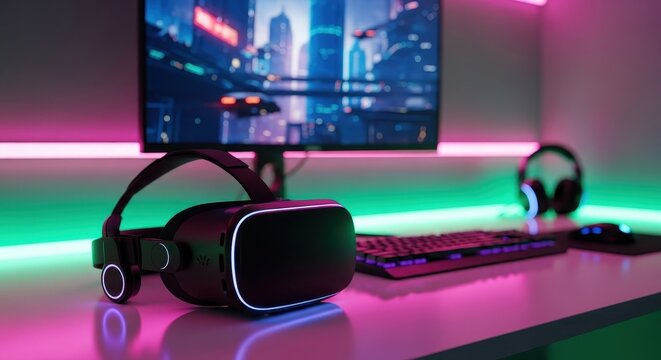 VR Gaming Setup with Futuristic City Background - Powered by Adobe