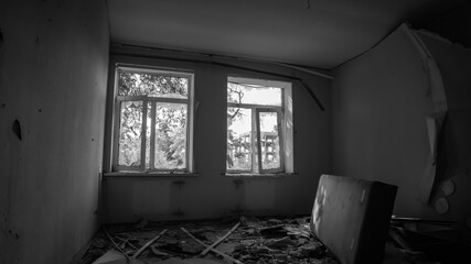 ruined street and destroyed houses the city Kiev war in Ukraine