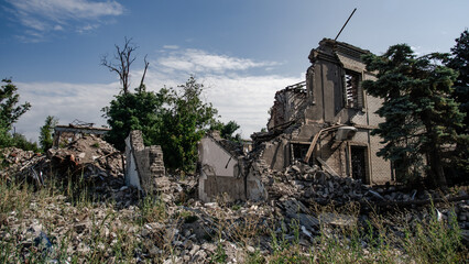 ruined street and destroyed houses the city Kiev war in Ukraine