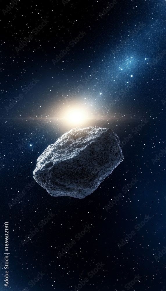 Wall mural mysterious asteroid drifting in the dark outer space with glowing stars and cosmic wonders above