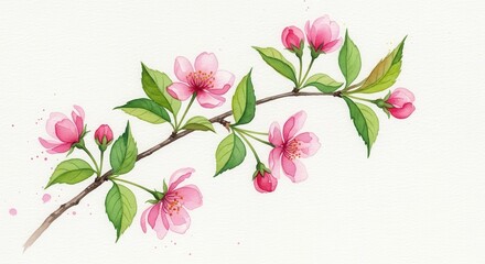 Fototapeta premium Watercolor Cherry Blossom Branch on White Background