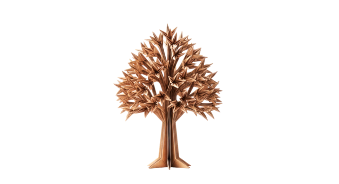 intricate origami tree brown paper art, nature inspired design, 3d model, isolated on transparent background