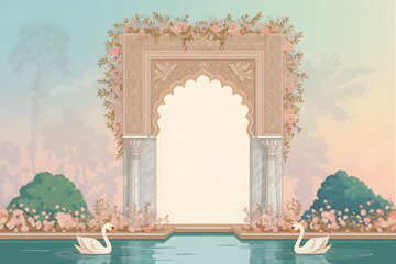 An elegant vector illustration of an Indian archway decorated with flowers, with two swans in a pool, perfect as a wedding invitation template.